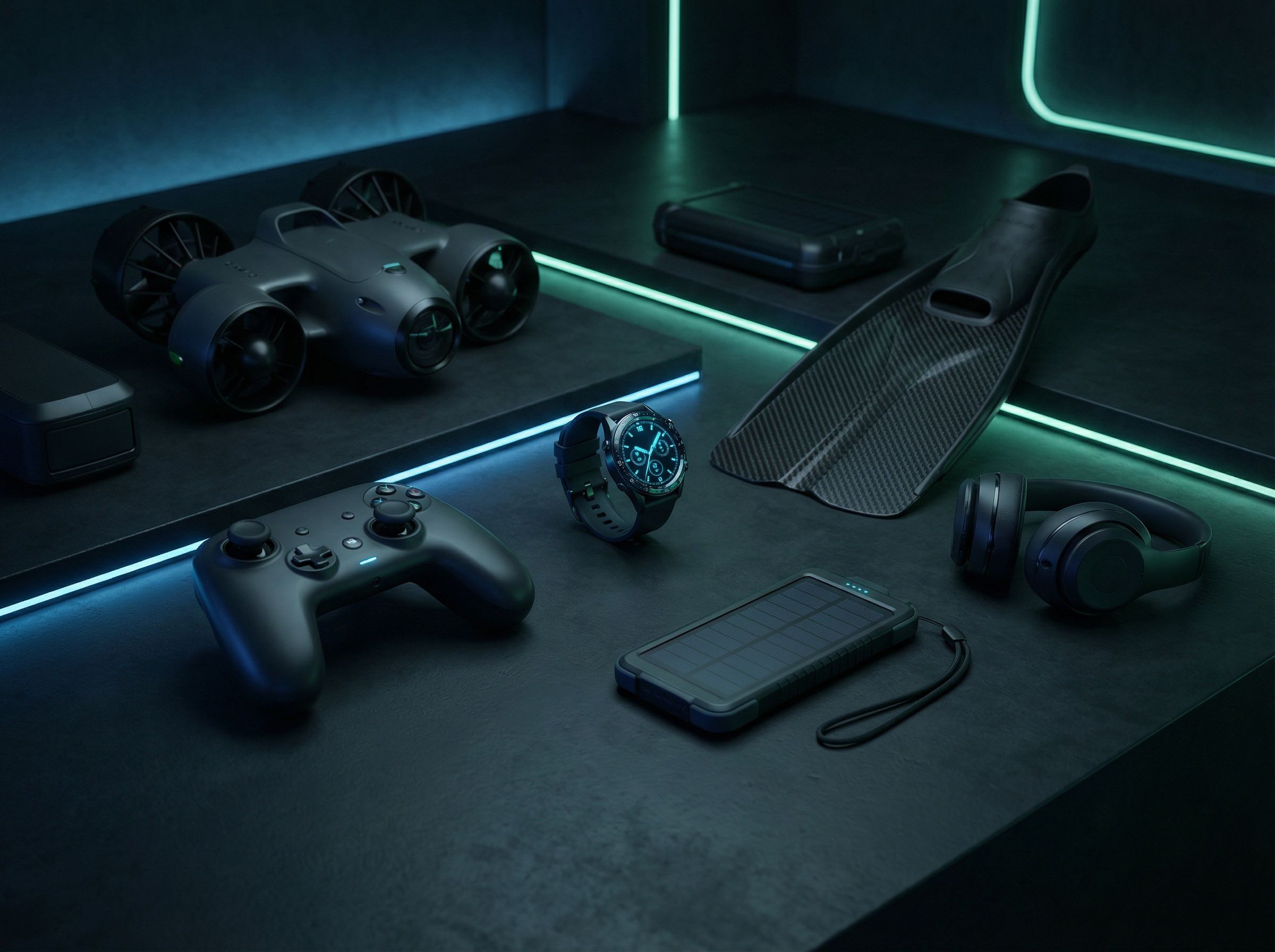 Services-02 Aerial photograph of a boat navigating in stunning turquoise ocean waters with swimmers nearby.