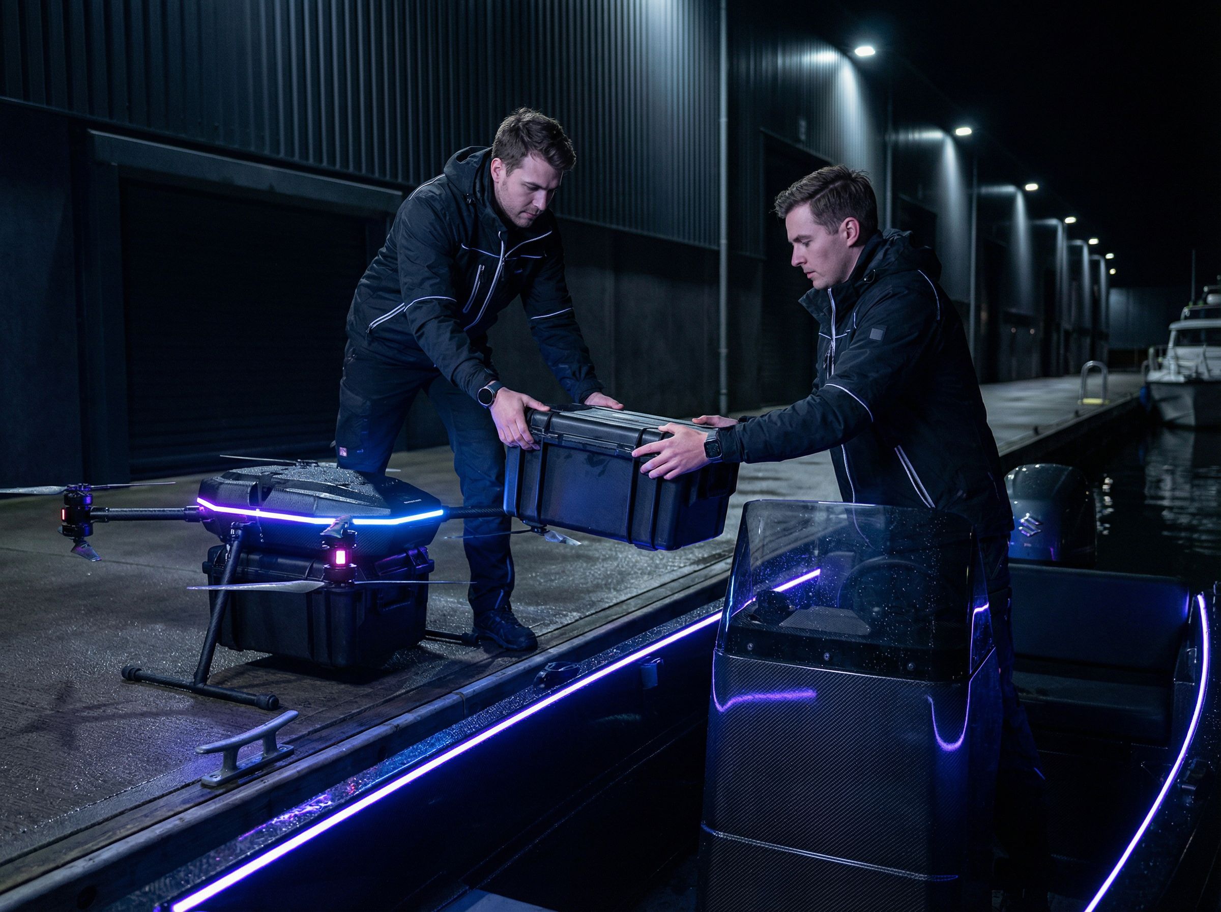 Aerial photograph of a boat navigating in stunning turquoise ocean waters with swimmers nearby.